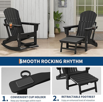 PeakPursuit Adirondack Outdoor Rocking Chairs with Two Cup Holders, HDPE All Weather Outdoor Adirondacks Rocking Chair with Retractable Ottoman