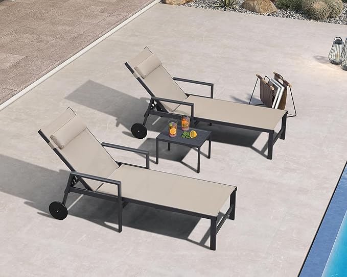 PURPLE LEAF Patio Lounge Chair Set of 3 Outdoor Chaise Lounger Aluminum Frame with Armrest Side Table and Wheels for - Photo 1