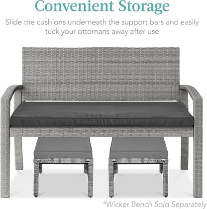 Best Choice Products Set of 2 Wicker Ottomans, Multipurpose Outdoor Furniture for Patio, Backyard, Additional Seating, Footrest, Side Table w/Removable Cushions, Steel Frame - Gray/Gray