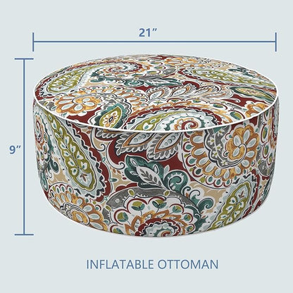LVTXIII Inflatable Stool Ottoman Footrest with Handle, Decorative Fade-Resistant Foot Stool, Indoor or Outdoor Pouf for Home Garden and Camping Use, D21 x W 21 x H9, Paisley Chilli