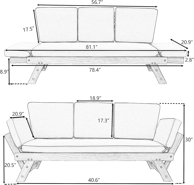 Merax Patio Sofa, Outdoor Adjustable Wooden Daybed, Chaise Lounge with Cushions, Brown+Gray