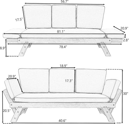 Merax Patio Sofa, Outdoor Adjustable Wooden Daybed, Chaise Lounge with Cushions, Brown+Gray