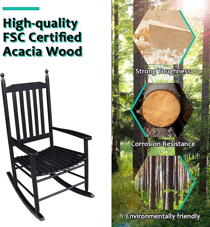 HomVent Wood Rocking Chair, 280 Lbs Heavy Duty Rocking Rocker Chair, Backyard and Patio Porch Rocker with Wide Seat and Armrest for Outdoor& Indoor Use, Cushion not Include (Black)