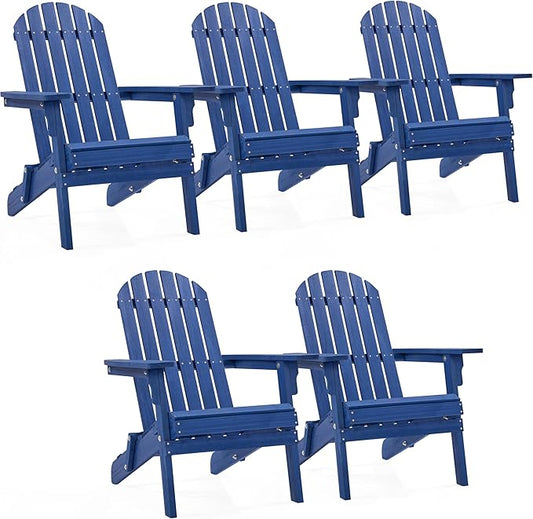 Yaheetech Folding Adirondack Chair Set of 5 Outdoor, 300LBS Solid Wood Garden Chair Weather Resistant, Fire Pit Lounge Chairs for Garden/Yard/Patio/Lawn, Blue