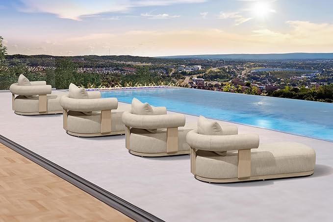 PURPLE LEAF Outdoor Chaise Lounge Set of 4 Chair Modern Aluminum Lounger Daybed with Lumbar Pillow and Armrest for Patio Poolside Beach Sunbathing Deck, Cream