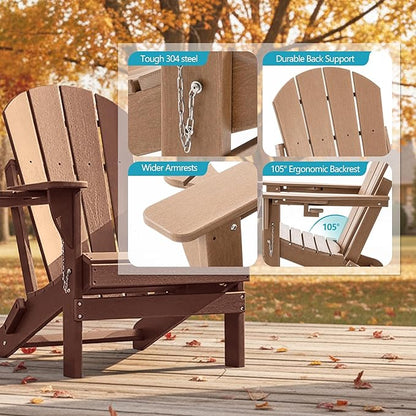 Folding Outdoor Adirondack Chairs Set of 1 with High&Reclining Back-HDPE Weather Resistant Patio Chairs with Cup and Phone Holder for Patio,Fire Pit, Garden and Backyard
