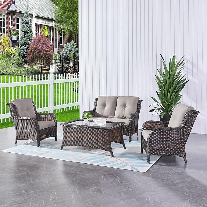 HUMMUH 4 Piece Patio Conversation Furniture Set PE Wicker Rattan Outdoor Loveseat Sofa,Patio Chairs,Coffee Table for Garden,Poolside,Backyard,Deck