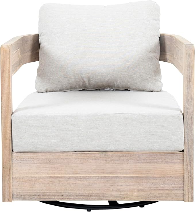 Christopher Knight Home Telluride Outdoor Acacia Wood Swivel Club Chair with Removable Cushion, 360° Rotating Patio Armchair for Garden, Balcony, or Poolside Seating, Beige + Light White