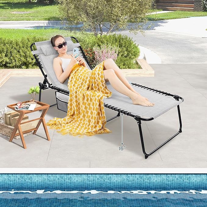 Goplus Chaise Lounge Chair Outdoor, Extra Large Folding 5-Postion Beach Lounger with Detachable Pillow, Side Pocket - Photo 2