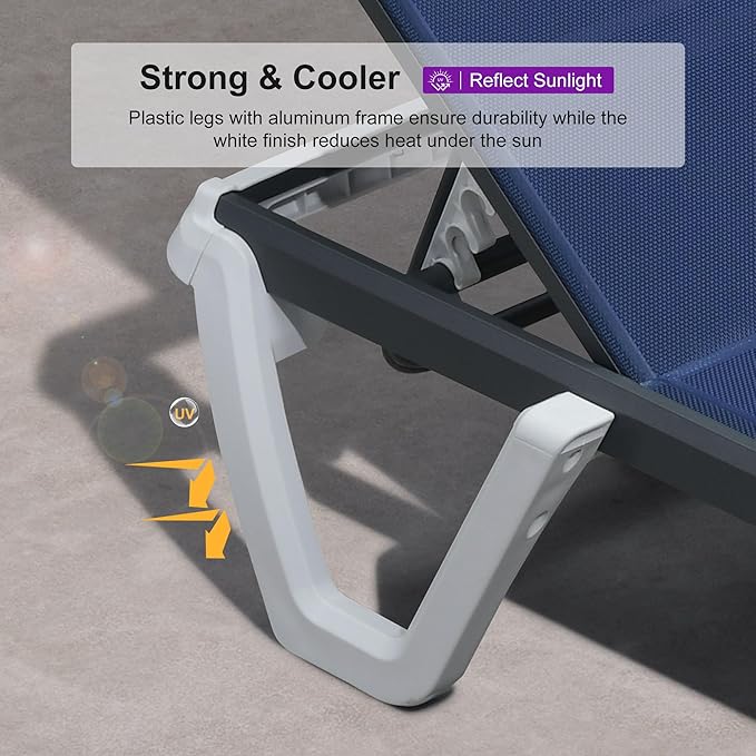 PURPLE LEAF Outdoor Chaise Lounge Set of 2 Plastic Pool Lounge Chair with Aluminum Frame Stackable Patio Tanning Chairs for Poolside Sunbathing Beach Deck Yard, Navy Blue
