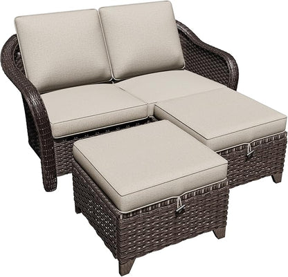 3 Pieces Patio sectional Sofa Set, Outdoor Conversation Furniture Set, 55" Patio Couch with 2 Ottomans, Rattan Wicker Sofa with Removable Cushions for Bistro, Deck (Beige)