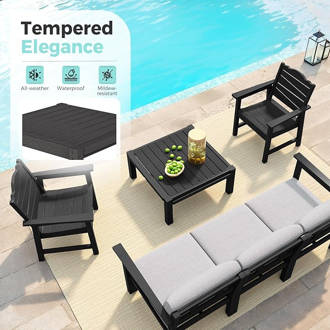 Patio Chairs, 6 Pieces Weatherproof HIPS Outdoor Furniture, Patio Chairs Seating Sets, Black