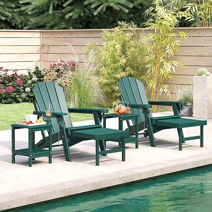 BRIOPAWS Adirondack-Chairs-with-Pull-Out-Footrest | Set of 4 | Folding | HDPE Plastic | Fire Pit Chair | All Weather | Cup Holders | Curved Back | Retractable Ottoman | for Poolside Deck | Forest