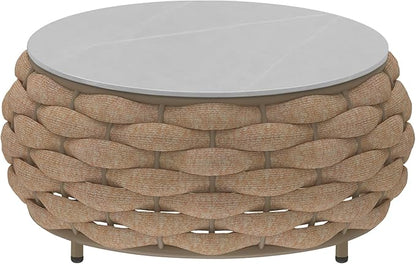 TWT Outdoor Coffee Table Rope Patio Coffee Table for Outdoor Balcony Lawn Garden Small Round Desk with Rock Slab Top All-Weather, 25.6in(Textilene Rope, Light Brown)