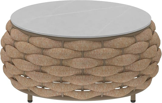 TWT Outdoor Coffee Table Rope Patio Coffee Table for Outdoor Balcony Lawn Garden Small Round Desk with Rock Slab Top All-Weather, 25.6in(Textilene Rope, Light Brown)