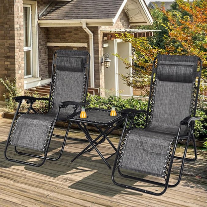 HAPPYGRILL Zero Gravity Lounge Chairs Set with Coffee Table, Folding Reclining Chairs with Side Table and Pillow, 3 Pieces Adjustable Patio Lawn Recliner Set for Outdoor Garden Camp Travel