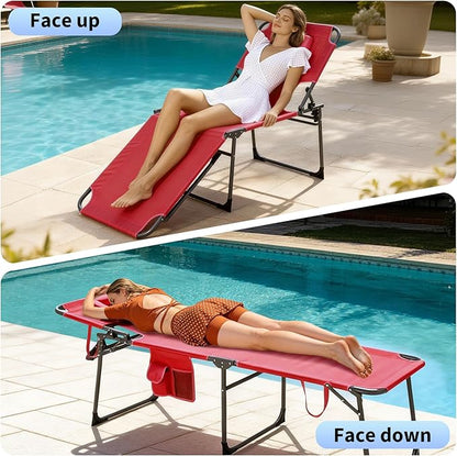 Tanning Chair with Face Hole Folding Beach Lounge Chair,5-Position Adjustable Backrest, Pillow & Side Pocket,Portable Face Down Chaise Lounge for Outdoor Backyard Poolside,Beach, Patio,Red
