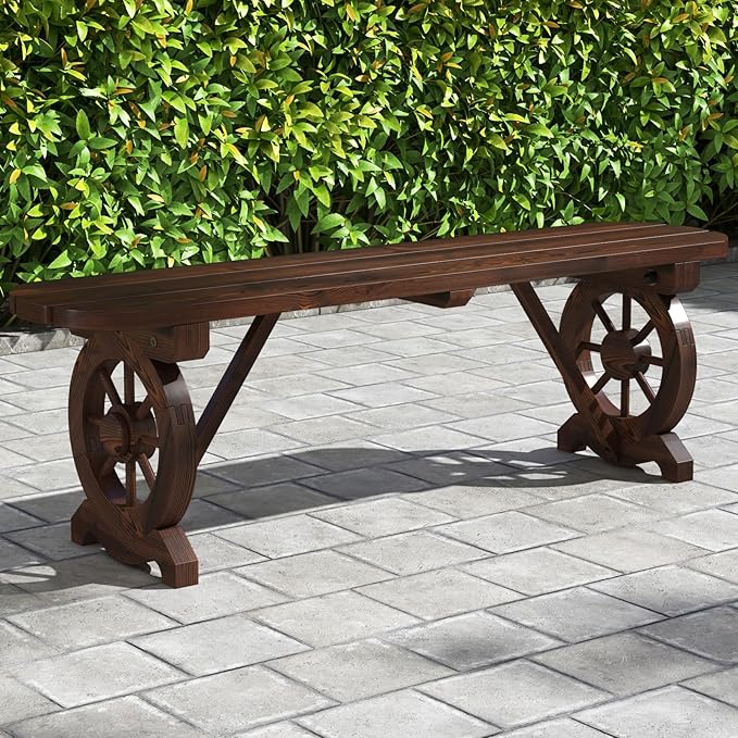 Tangkula Patio Rustic Wood Bench, Carbonized Wood Long Bench with Wagon Wheel Base, Slatted Seat Design, 2-Seat Dining Bench for Garden, Backyard, Porch, 710 LBS Max Load