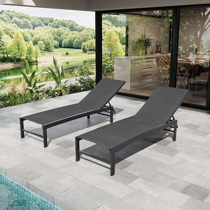 Crestlive Products Chaise Lounge Chair Outdoor Set of 2, Adjustable 5 Positions Pool Lounge Chairs, Metal Tanning Recliner, Outdoor Furniture All Weather for Patio, Beach, Yard, Pool