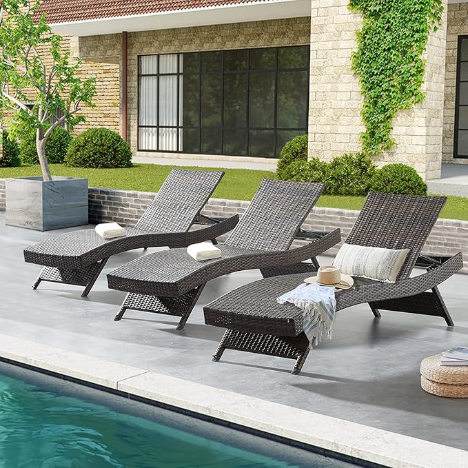79'' Long Reclining Chair Set of 3, Chaise Lounge Wicker Reclining Lounge Chair, PE Rattan Chaise Lawn Sunbathing Chairs Beach Poolside Garden Backyard Backrest Recliners, Mixed Brown