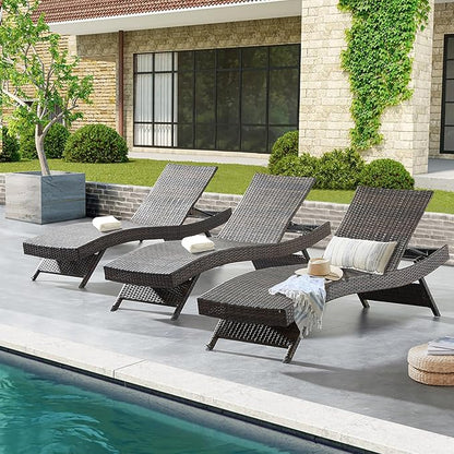 79'' Long Reclining Chair Set of 3, Chaise Lounge Wicker Reclining Lounge Chair, PE Rattan Chaise Lawn Sunbathing Chairs Beach Poolside Garden Backyard Backrest Recliners, Mixed Brown