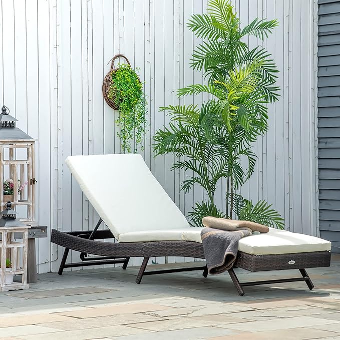 Outsunny Patio Chaise Lounge, Pool Chair with 5 Position Adjustable Backrest & Cushion, Outdoor PE Rattan Wicker Sun Tanning Seat, 78.75" x 24.75" x 35", Brown
