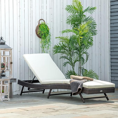 Outsunny Patio Chaise Lounge, Pool Chair with 5 Position Adjustable Backrest & Cushion, Outdoor PE Rattan Wicker Sun Tanning Seat, 78.75" x 24.75" x 35", Brown