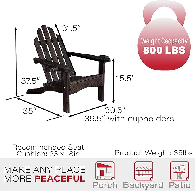 Amish Casual Heavy Duty Adirondack Chair with Cup Holder in Semi-Solid Black Stain - Authentic Amish Craftmanship from Treated Pine, Outdoor Chair Made in The USA, 800 Lb Weight Capacity