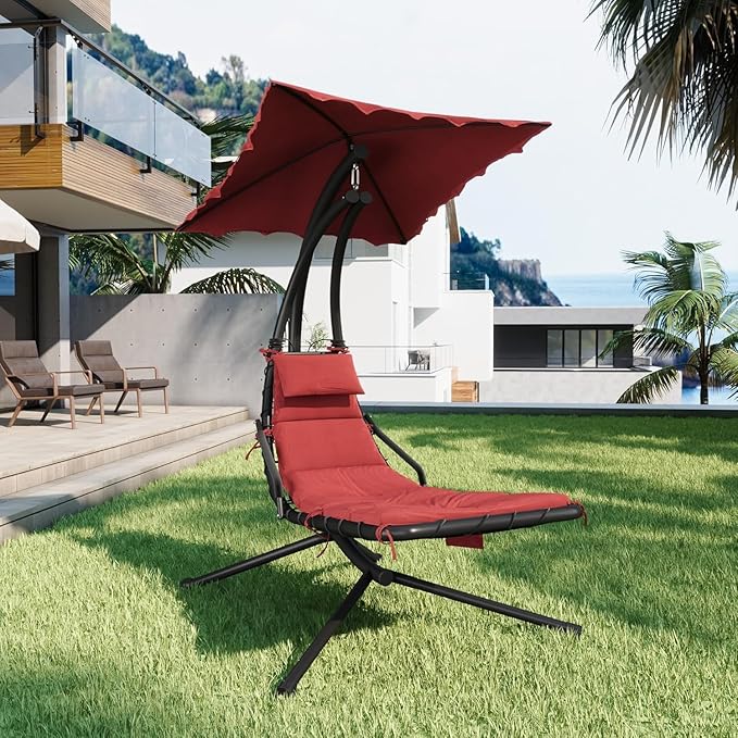Indoor Outdoor Chaise Lounge, Patio ChaiseLounge with Removable Canopy & Built-in Pillow, Hammock Chair with Stand - Photo 8