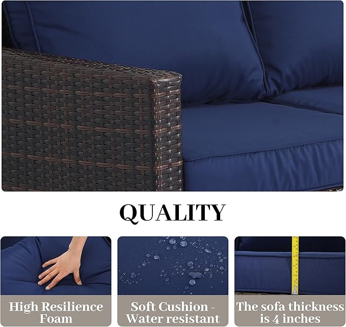EortheX Outdoor Patio Sofa, 3-Seat Rattan Wicker Couch for Garden Deck or Porch, Comfortable All-Weather Patio Furniture with Anti-Slip Cushions (Blue)