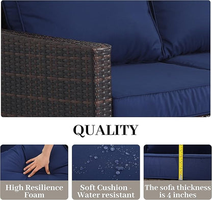EortheX Outdoor Patio Sofa, 3-Seat Rattan Wicker Couch for Garden Deck or Porch, Comfortable All-Weather Patio Furniture with Anti-Slip Cushions (Blue)