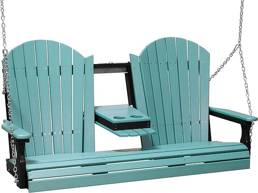 LuxCraft 5' Adirondack Hanging Porch Swing with Flip Down Console, Outdoor Patio Swing, Front Porch Swing, Outdoor Swing Bench (Aruba Blue & Black)