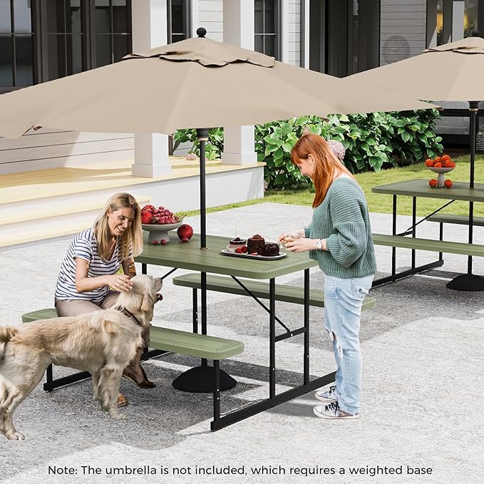 Giantex Picnic Table Bench Set for 4 People, 4.5FT Outdoor Rectangular Dining Table & 2 Benches w/Umbrella Hole - Photo 2