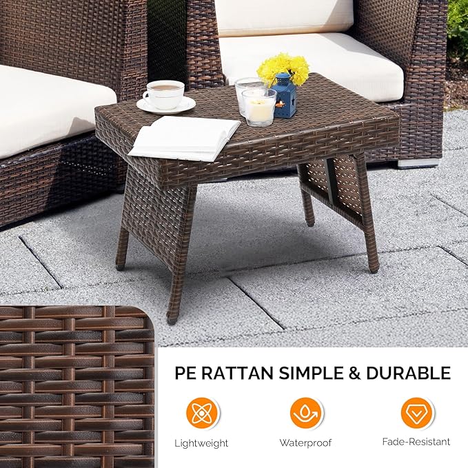 VINGLI Outdoor Folding Rattan Side Table, Portable Wicker End Table for Patio, Garden, Poolside, and Indoor Use, Mix Mocha