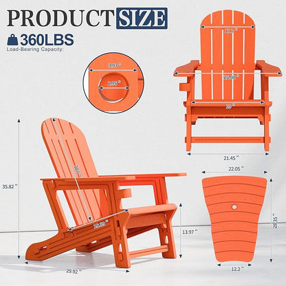 Vongrasig Adirondack Chairs Set of 2 with Removable Tabletop, All-Weather HDPE Outdoor Chair Set with Wooden Textured, Cup Holder for Patio, Poolside, Deck, Garden, Orange