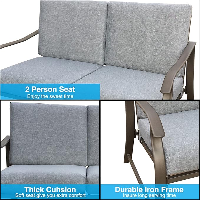 HomVent Outdoor Patio Furniture Love Seat and Coffee Table Set, Outdoor Bench Patio Loveseat Bench with Cushion and Metal Frame, Loveseat Furniture Set Sofa for Garden, Yard, Patio or Poolside (Gray)