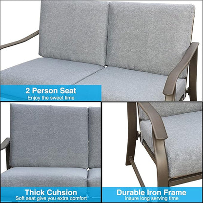 HomVent Outdoor Patio Furniture Love Seat and Coffee Table Set, Outdoor Bench Patio Loveseat Bench with Cushion and Metal Frame, Loveseat Furniture Set Sofa for Garden, Yard, Patio or Poolside (Gray)