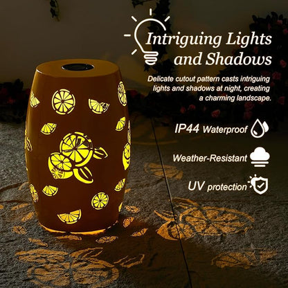 Glitzhome Set of 2 Outdoor Side Table with Lemon Pattern Solar Powered Light, 18.25" H Iron Cutout Drum Garden Stool Solar Decorative Lanterns, Metal End Table Plant Stand for Indoor Outdoor, Yellow
