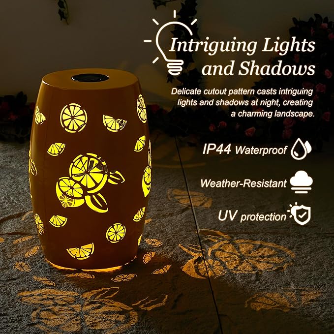 Glitzhome 18.25" H Outdoor Side Table with Lemon Pattern Solar Powered Light, Iron Cutout Drum Garden Stool Solar Decorative Lanterns, Metal End Table Plant Stand for Indoor Outdoor, Yellow