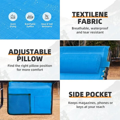 Folding Chaise Lounge Chair Bed - Heavy-Duty 400lb Capacity Portable Adjustable Recliner w/Pillow for Patio, Pool, Camping, Sunbathing - Lay Flat Design (Blue)