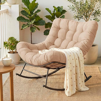 Cushioned Papasan Rocking Chair for Outdoor Indoor, Oversized Outdoor Rocking Chair with Cushion, Egg Rocker for Patio, Porch, Balcony, Lawn, Bedroom, Living Room, Beige