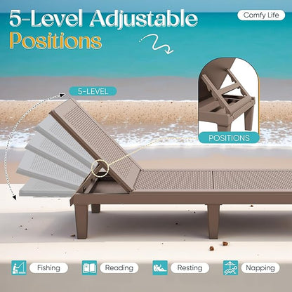 Greesum Outdoor Chaise Lounge Chairs Set of 2 with 5-Position Adjustable Backrest, Waterproof PP Sun Loungers for Garden Pool Beach Patio Deck Sunbathing, Light Coffee