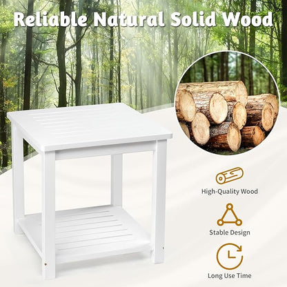 Outvita Patio Small Side Table, Acacia Wood 18 inch Double-Deck Coffee Table with Storage Tier for Living Room, Garden, Balcony, Porch, Deck (White)