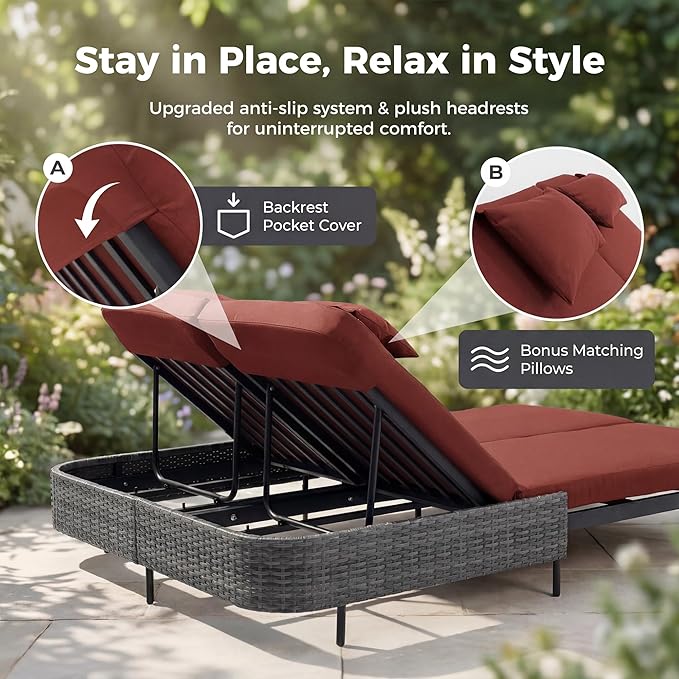 RADIATA 51.2" Outdoor Loveseat Sofa Bed, PE Wicker Patio Daybed with 2-Person Double Chaise Lounge, Independent 5-Position Adjustable Backrest, All-Weather Poolside Furniture
