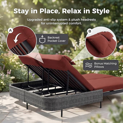 RADIATA 51.2" Outdoor Loveseat Sofa Bed, PE Wicker Patio Daybed with 2-Person Double Chaise Lounge, Independent 5-Position Adjustable Backrest, All-Weather Poolside Furniture