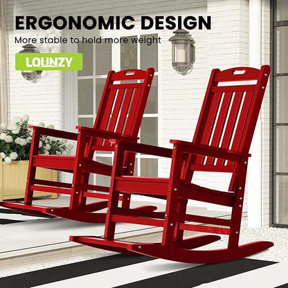 LOUNZY Outdoor Rocking Chair with Footboards Set of 8, HDPE Rocking Chair Patio Porch Rocker with 380lbs Support for Adult, Dark Red
