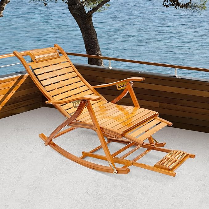 Folding Bamboo Rocking Chair, Adjustable Back Patio Reclining Chair with Headrest Pillow - Photo 2