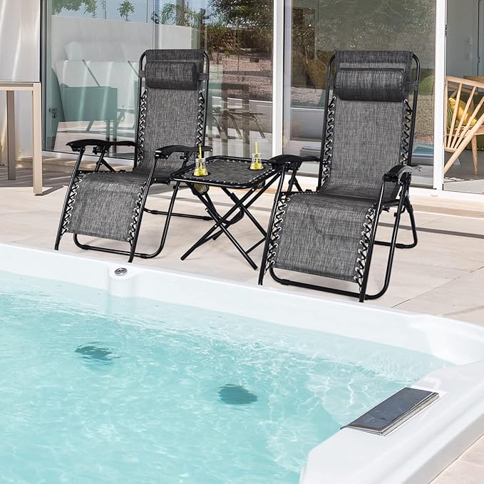 Goplus Zero Gravity Chair Set, 3 Pieces Outdoor Lounge Chair Recliners w/Side Table, Headrest and Cup Holders, Adjustable Folding Recliners and Table for Patio, Yard, Pool, Beach (Grey)