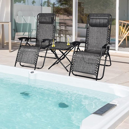 Goplus Zero Gravity Chair Set, 3 Pieces Outdoor Lounge Chair Recliners w/Side Table, Headrest and Cup Holders, Adjustable Folding Recliners and Table for Patio, Yard, Pool, Beach (Grey)