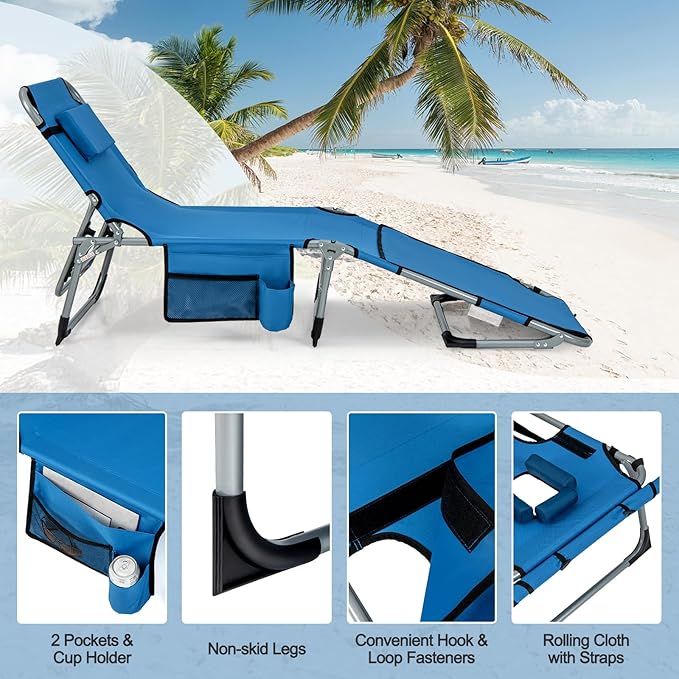 Tangkula Beach Lounge Chair, Outdoor Folding Tanning Chair with Face/Arm Hole, 2 Carry Handle, Pillow - Photo 6